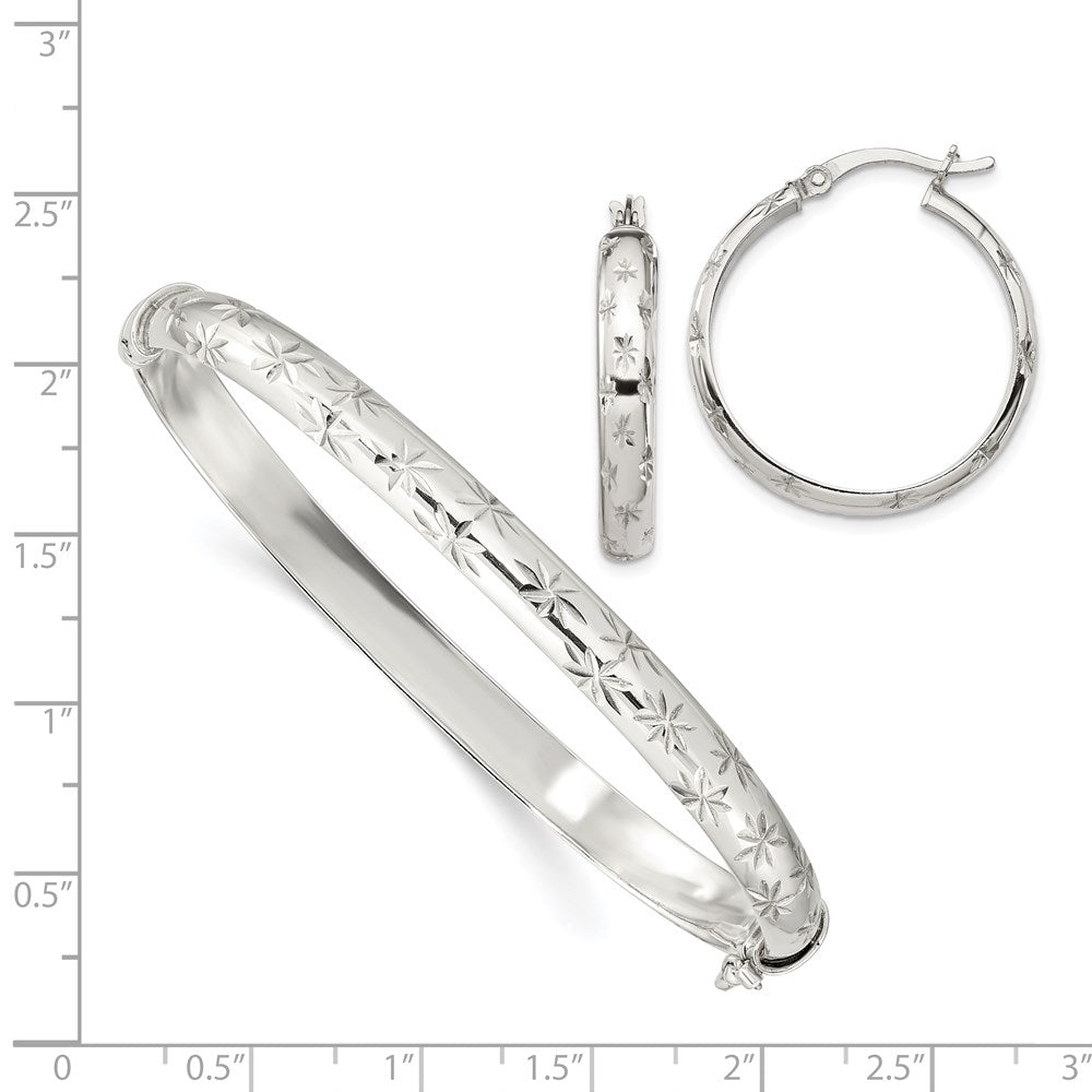 Sterling Silver D/C 6mm Bangle And 4mm Hoop Earring Set