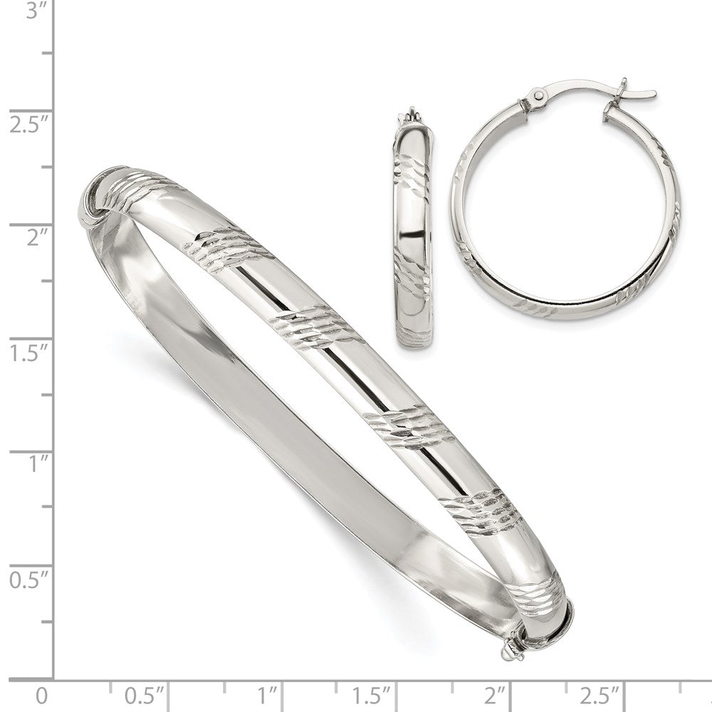 Sterling Silver D/C 6mm Bangle And 4mm Hoop Earring Set