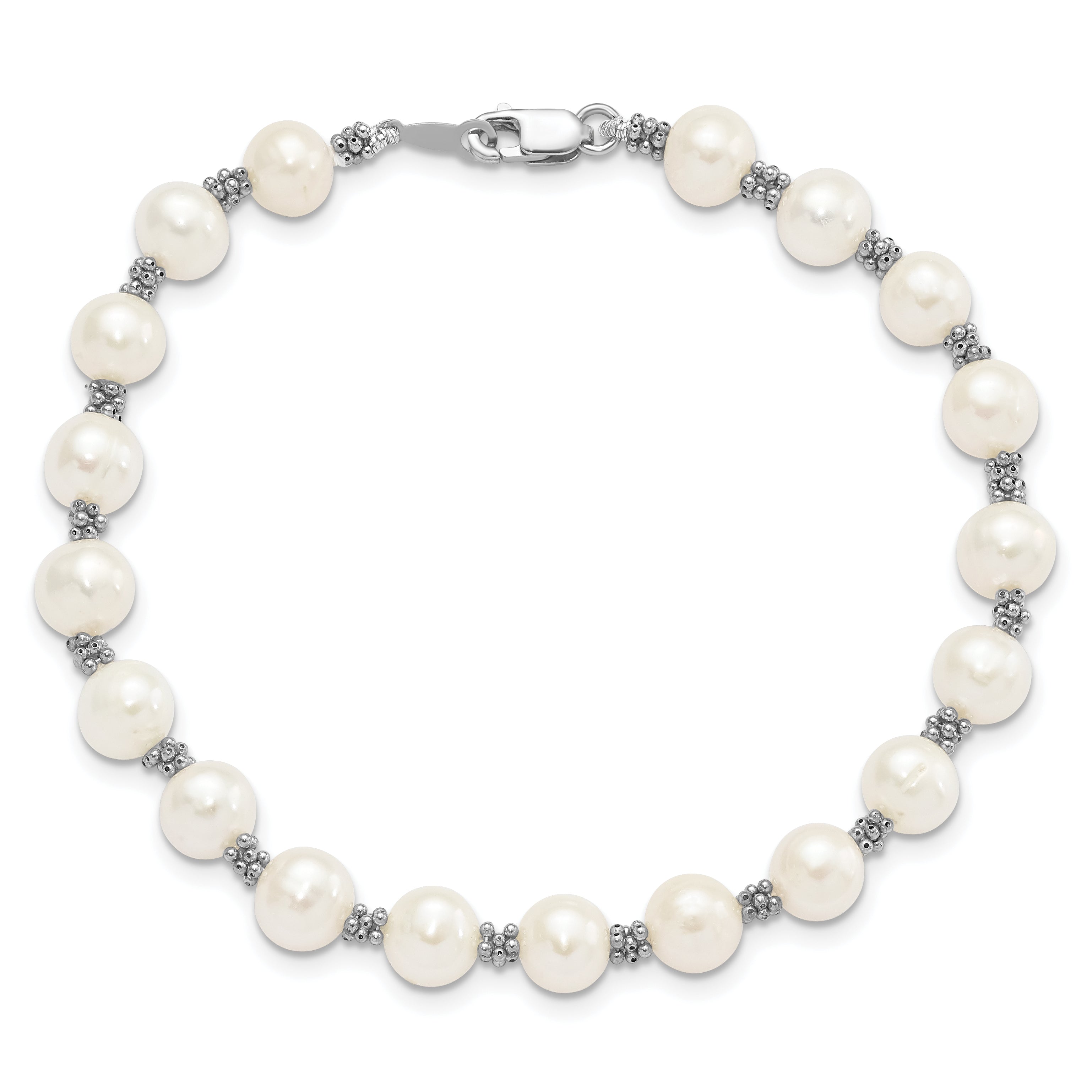 7.25 Inch Sterling Silver Rhodium-Plated White Fw Cultured Pearl Bracelet