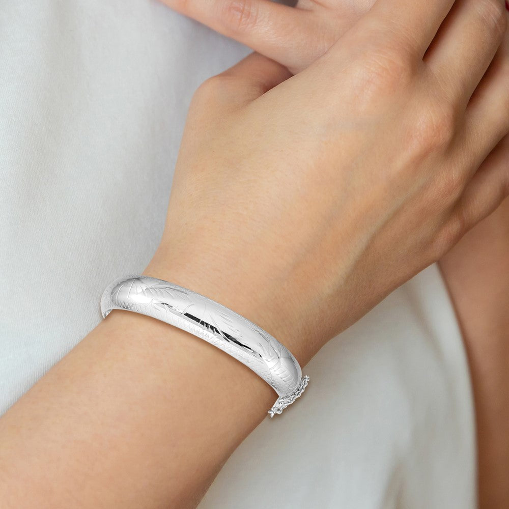 Sterling Silver Rhodium-Plated D/C 12mm Fancy Hinged Bangle Bracelet