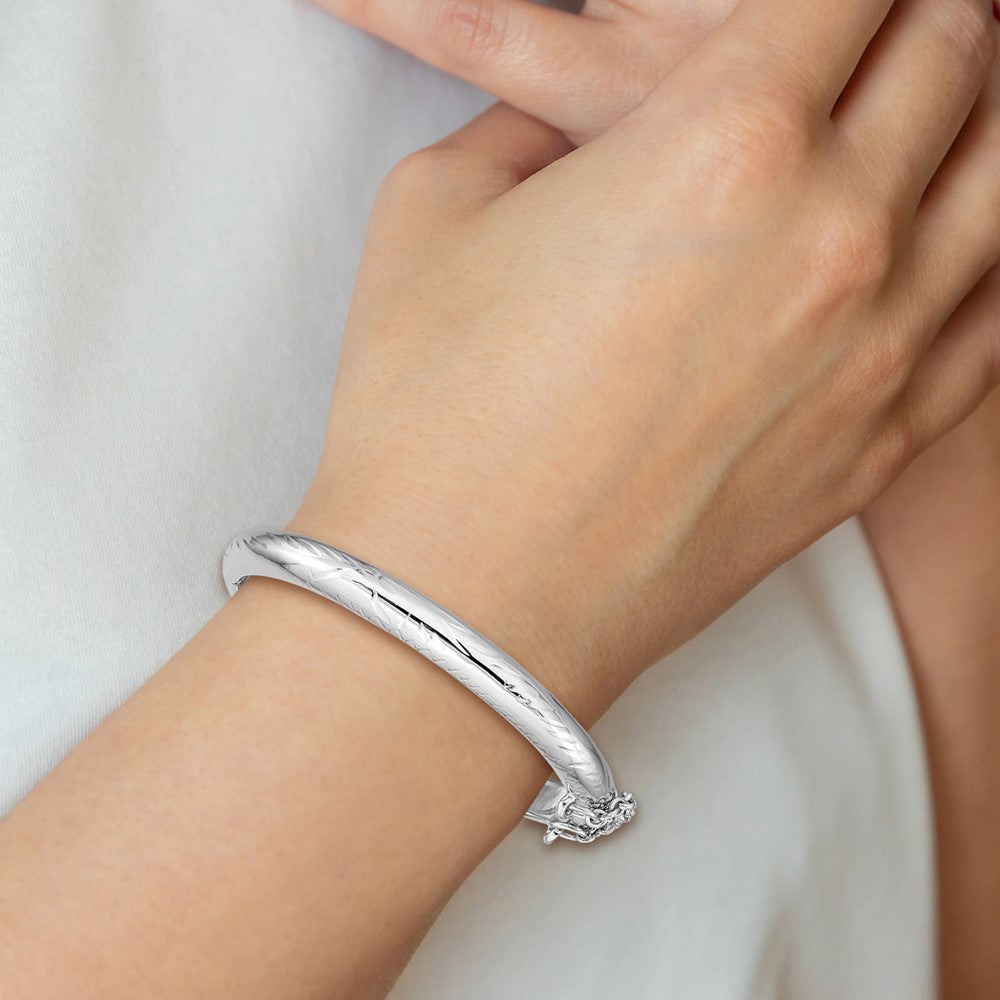 Sterling Silver Rhodium-Plated Polished & Diamond-Cut 5mm With Safety Clasp Hinged Children'S Bangle