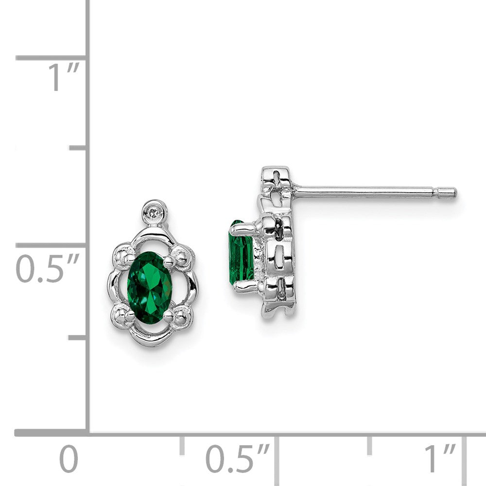 Sterling Silver Rhodium-Plated Created Emerald & Diam. Earrings