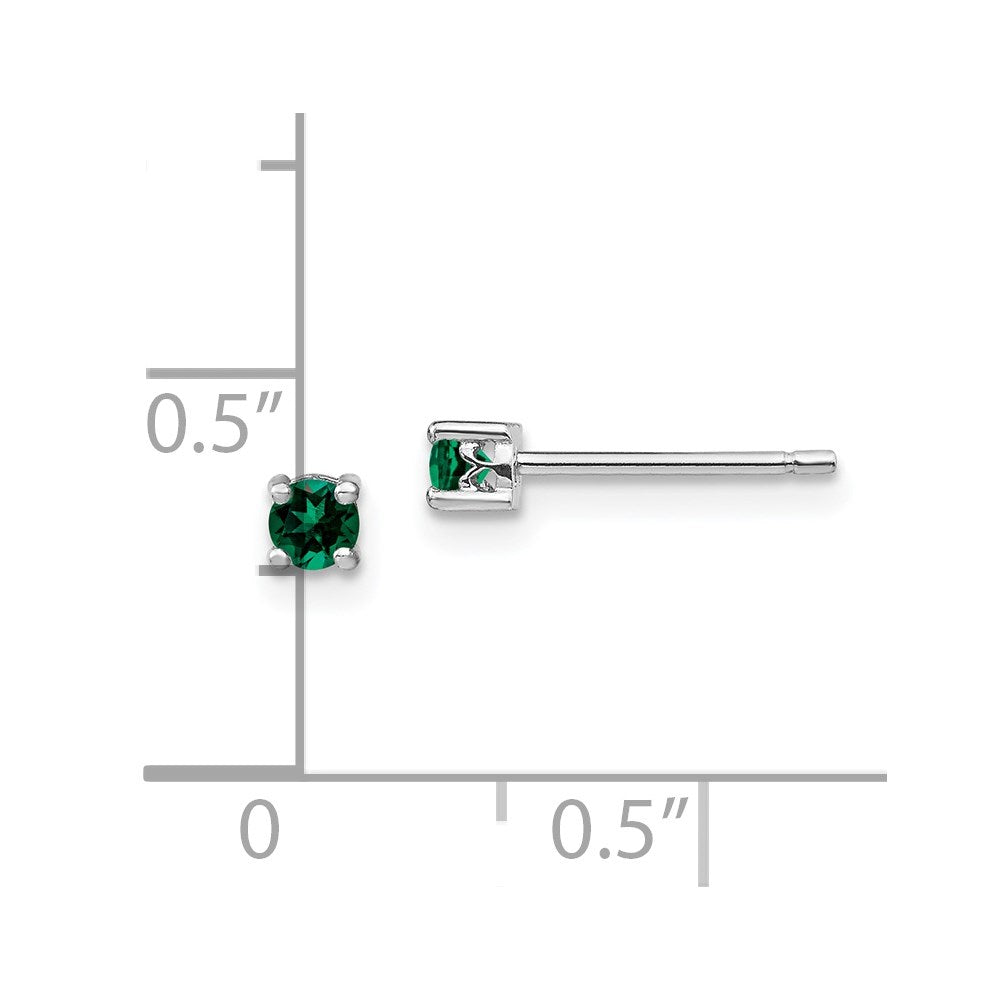 Sterling Silver Rhod-Plated 3mm Round Created Emerald Post Earrings