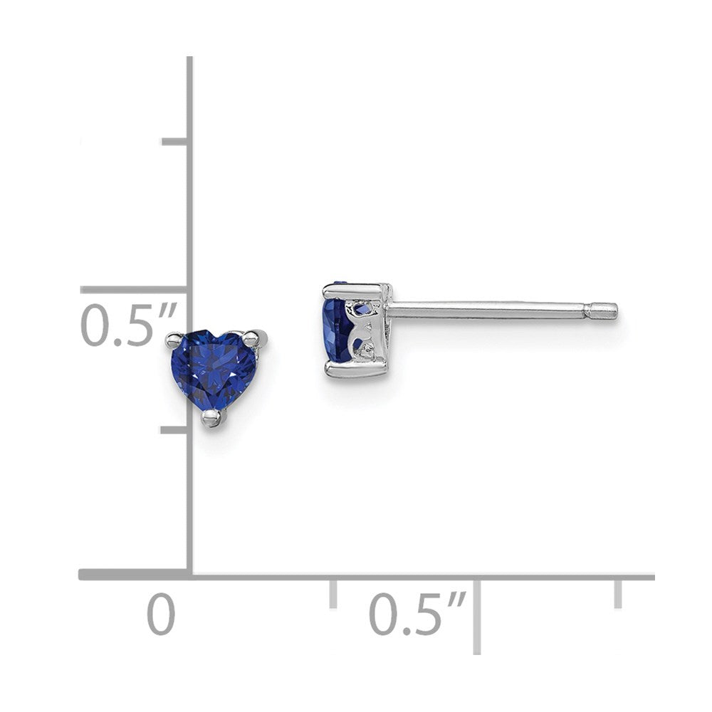 Sterling Silver Rhod-Plated 4mm Heart Created Sapphire Post Earrings