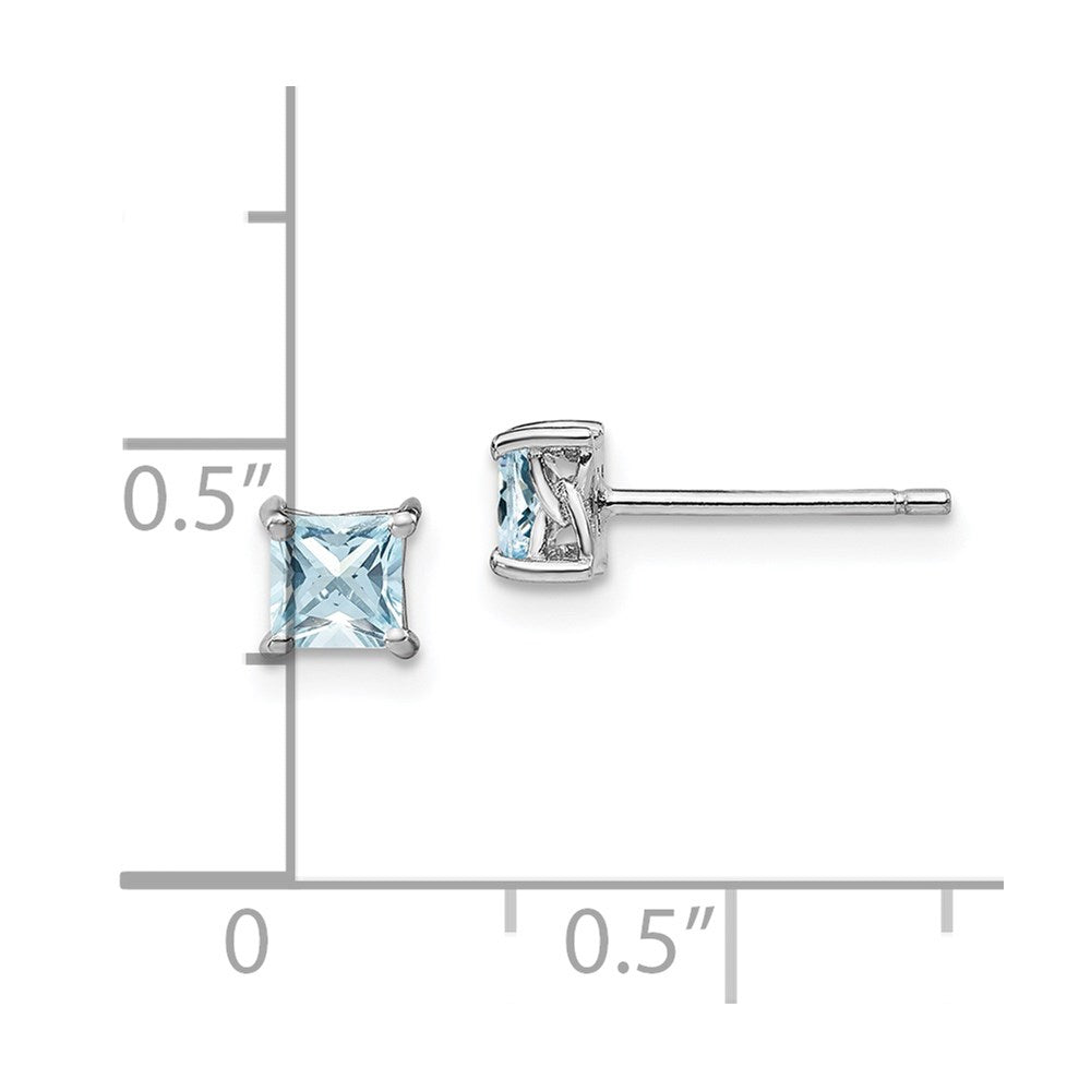 Sterling Silver Rhodium-Plated 4mm Princess Aquamarine Post Earrings