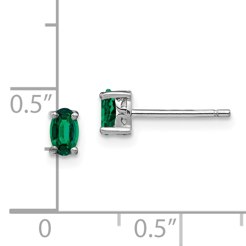 Sterling Silver Rhodium-Plated 5X3mm Oval Created Emerald Post Earrings