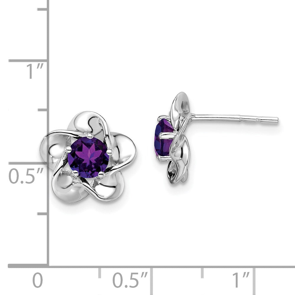 Sterling Silver Rhodium-Plated Floral Amethyst Post Earrings