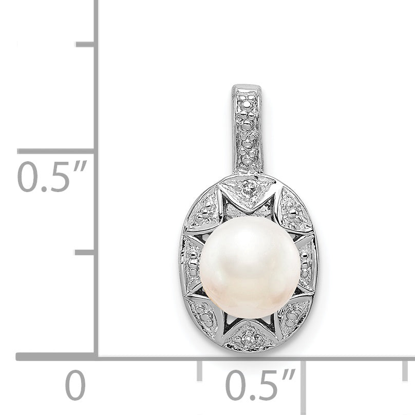 Sterling Silver Rhodium-Plated Diam. & Fw Cultured Pearl Pendant