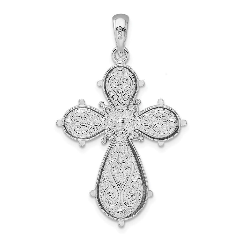 Sterling Silver De-Ani Rhodium-Plated Scroll Diamond-Cut Rounded Cross Pendant