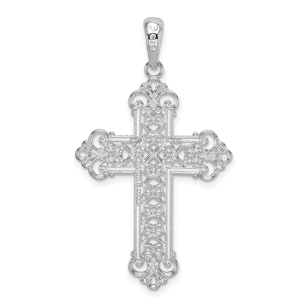 Sterling Silver De-Ani Rhodium-Plated Polished Filigree Fleur De Lis Cross Pendant