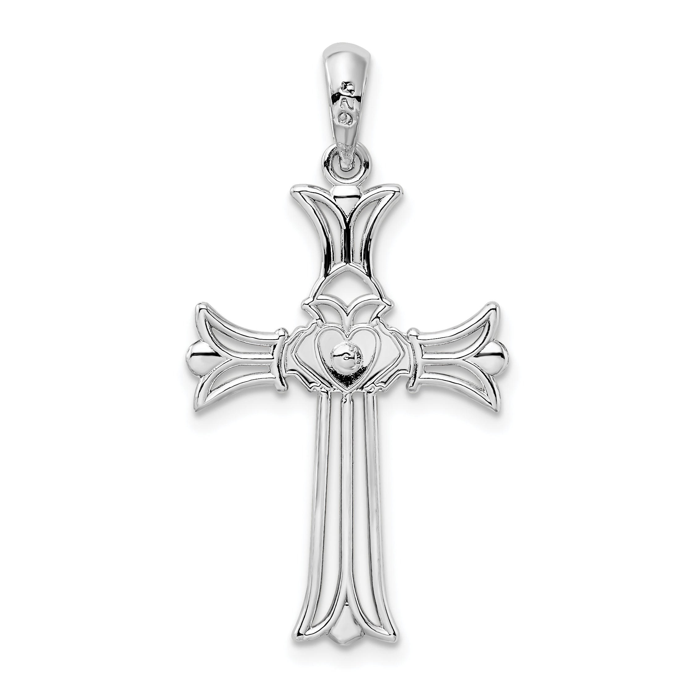 Sterling Silver De-Ani Rhodium-Plated Polished Cut-Out Claddagh Cross Pendant