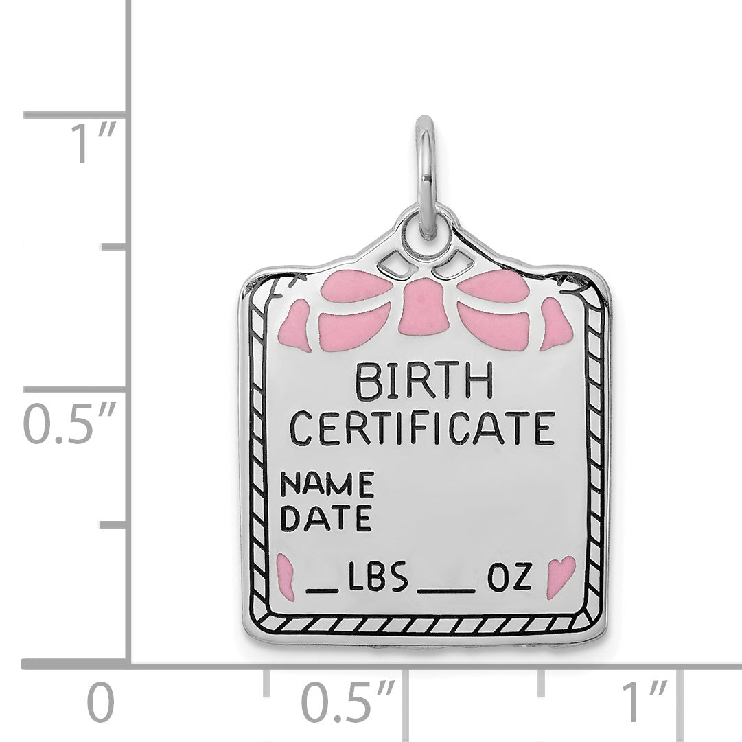 Sterling Silver Ss Rh-Plt Pink Birth Certificate Polished Front/Satin Back Charm