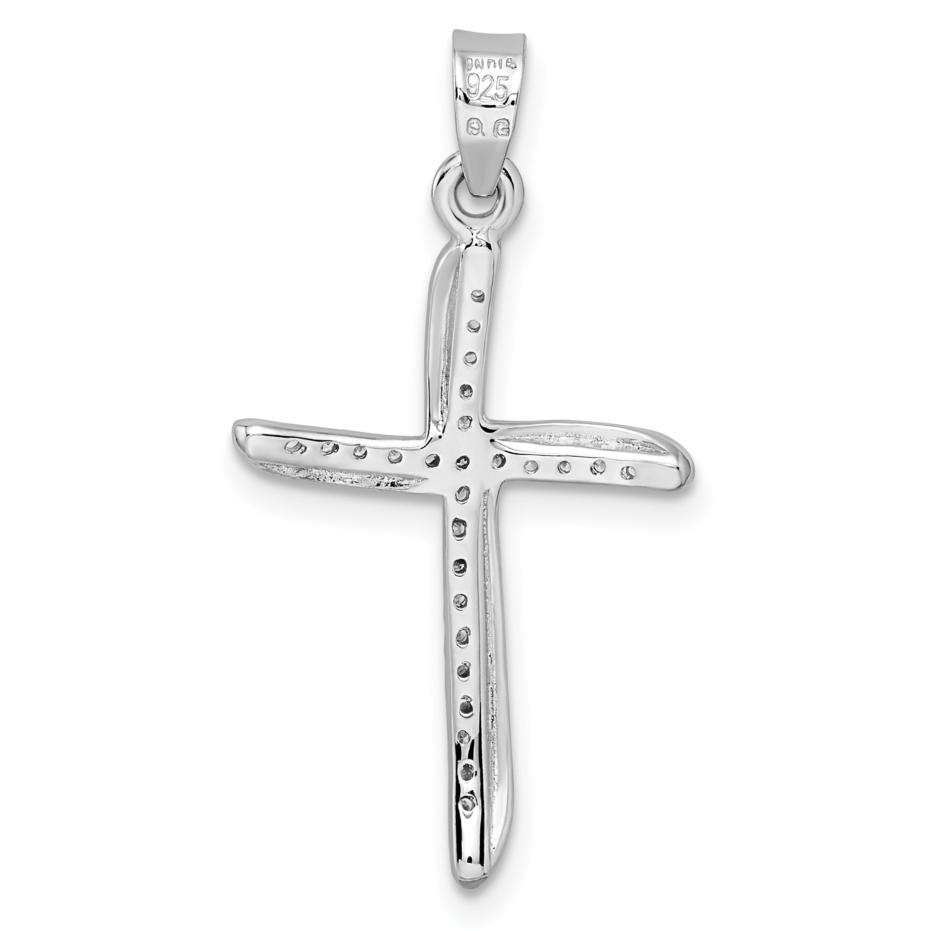 Sterling Silver Rhodium-Plated Small Cz Wavy Cross Pendant