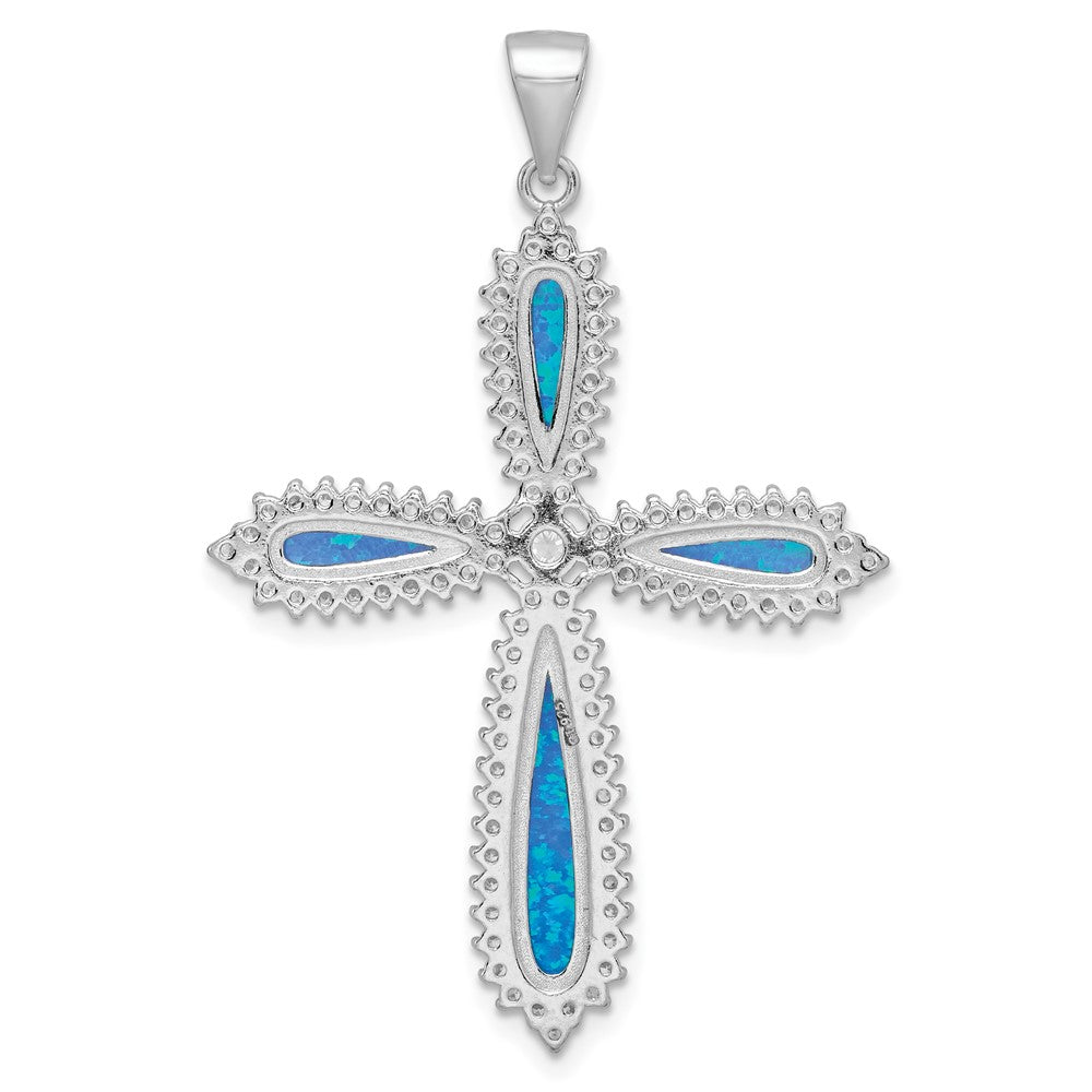 Sterling Silver Rh-Plated Blue Created Opal & Cz Border Cross Pendant