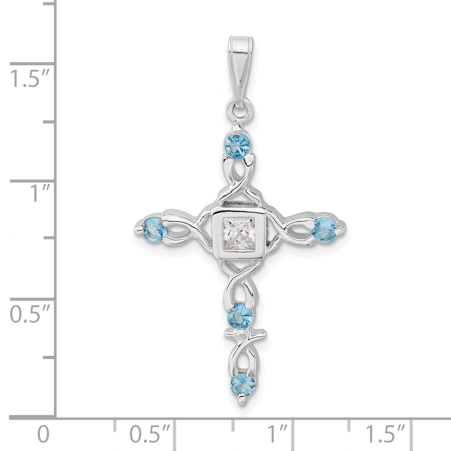 Sterling Silver Polished Blue & Clear Cz Fancy Cross Pendant