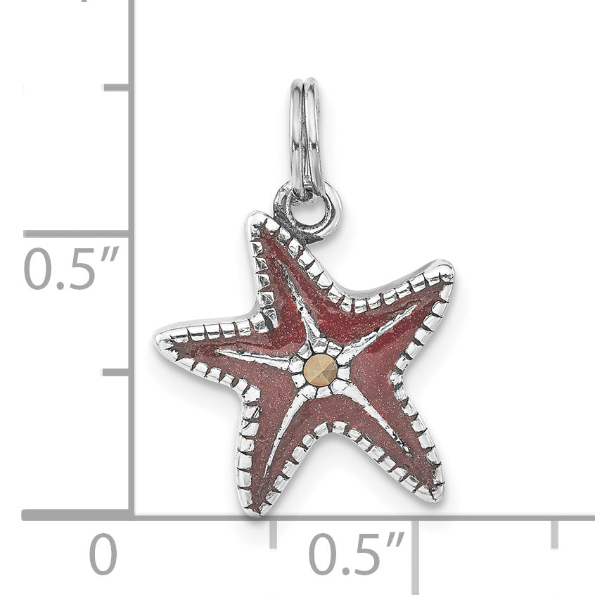 Sterling Silver Polished & Antiqued Marcasite Red Enameled Starfish Charm