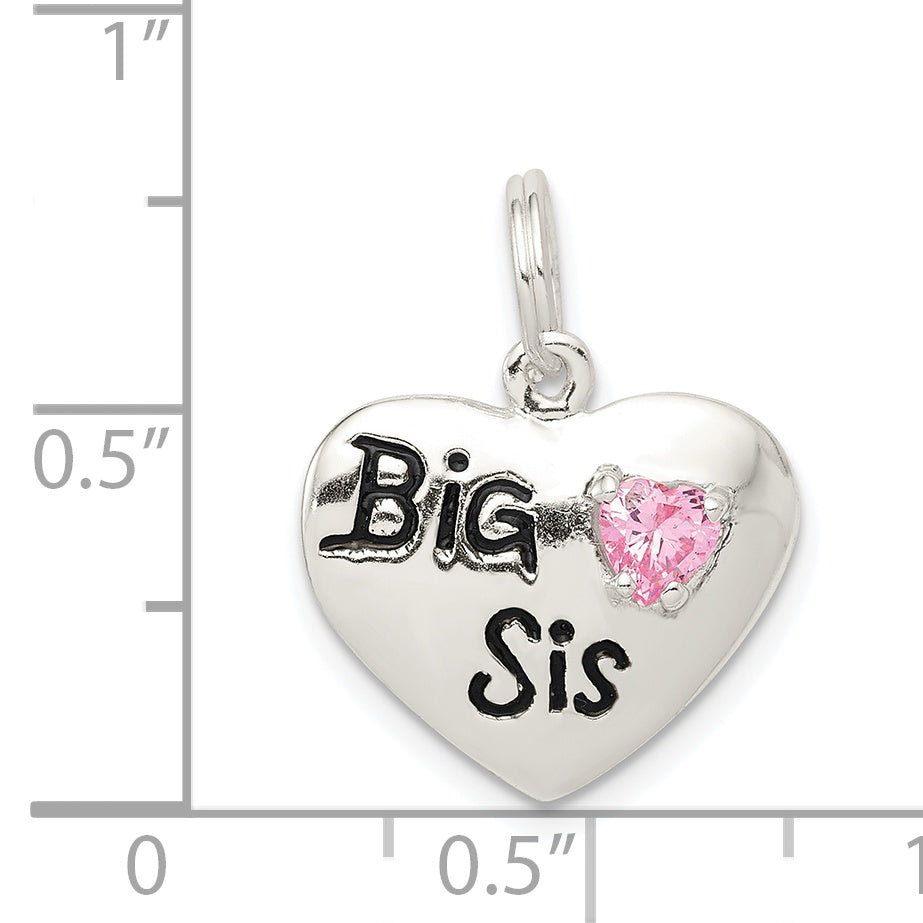 Sterling Silver Rhodium-Plated Big Sis Cz Heart Charm