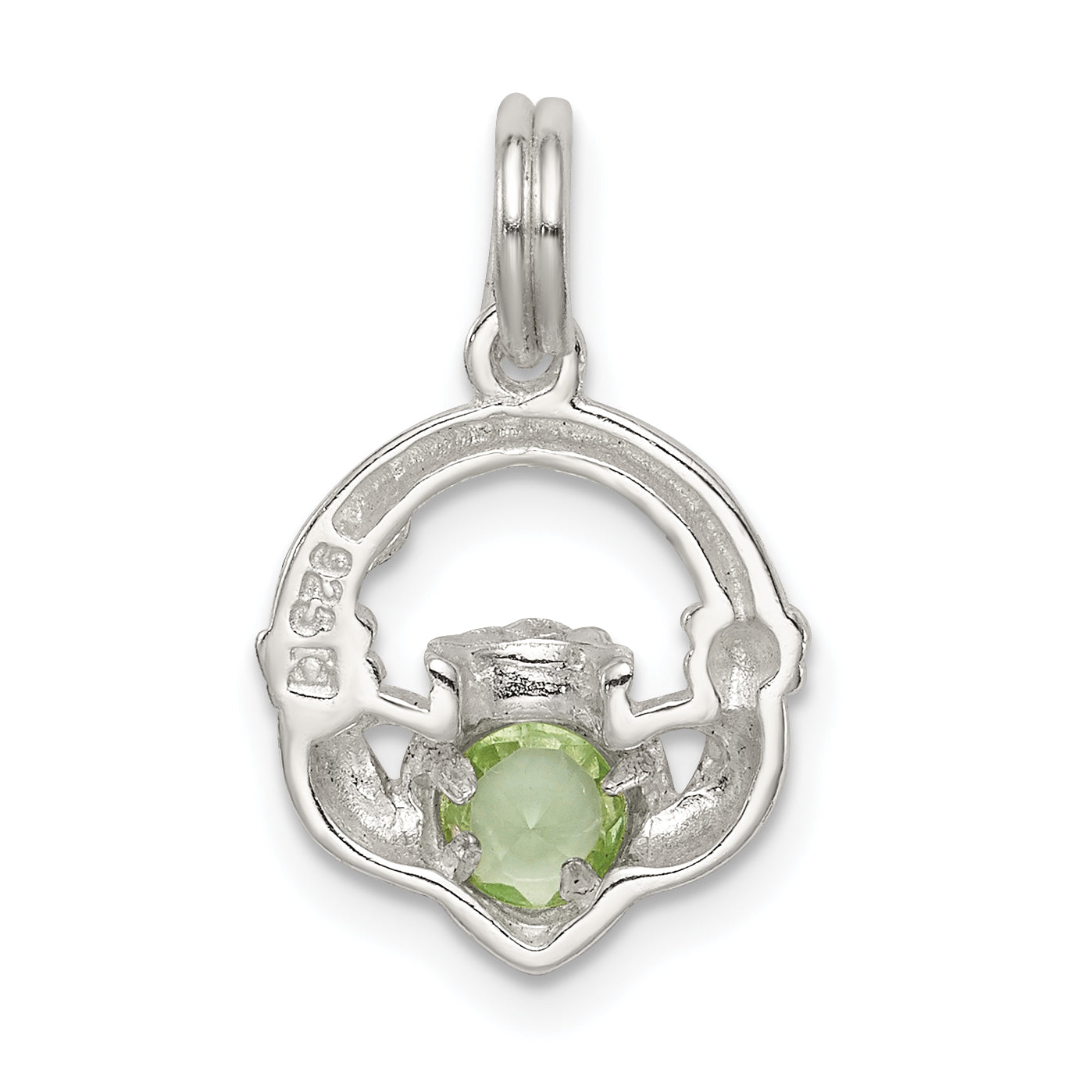 Sterling Silver Rhodium-Plated Claddagh With Green Cz Charm