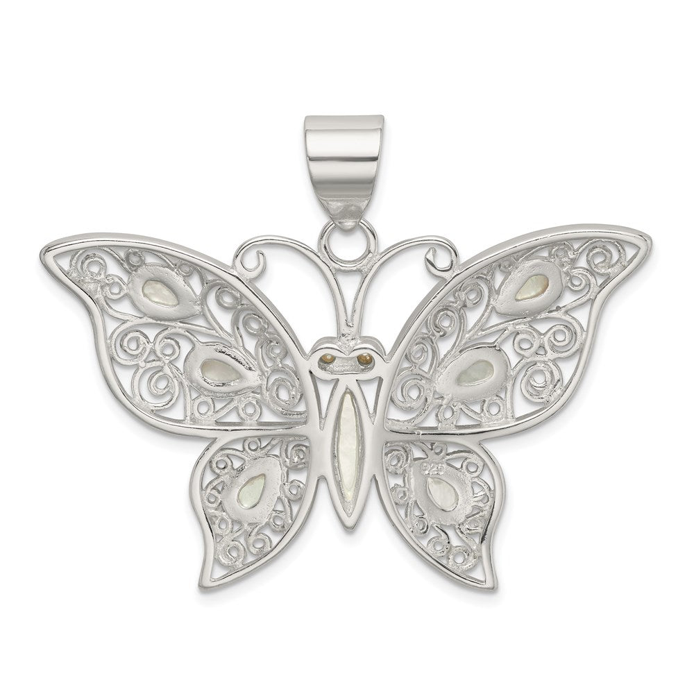 Sterling Silver Filigree Fancy Mother Of Pearl Butterfly Pendant