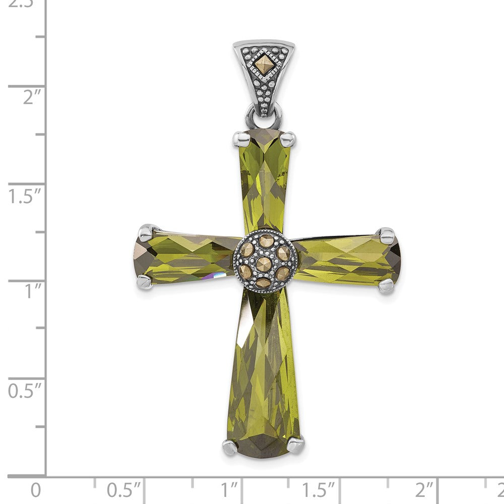 Sterling Silver Polished & Antiqued Green Cz Marcasite Cross Pendant