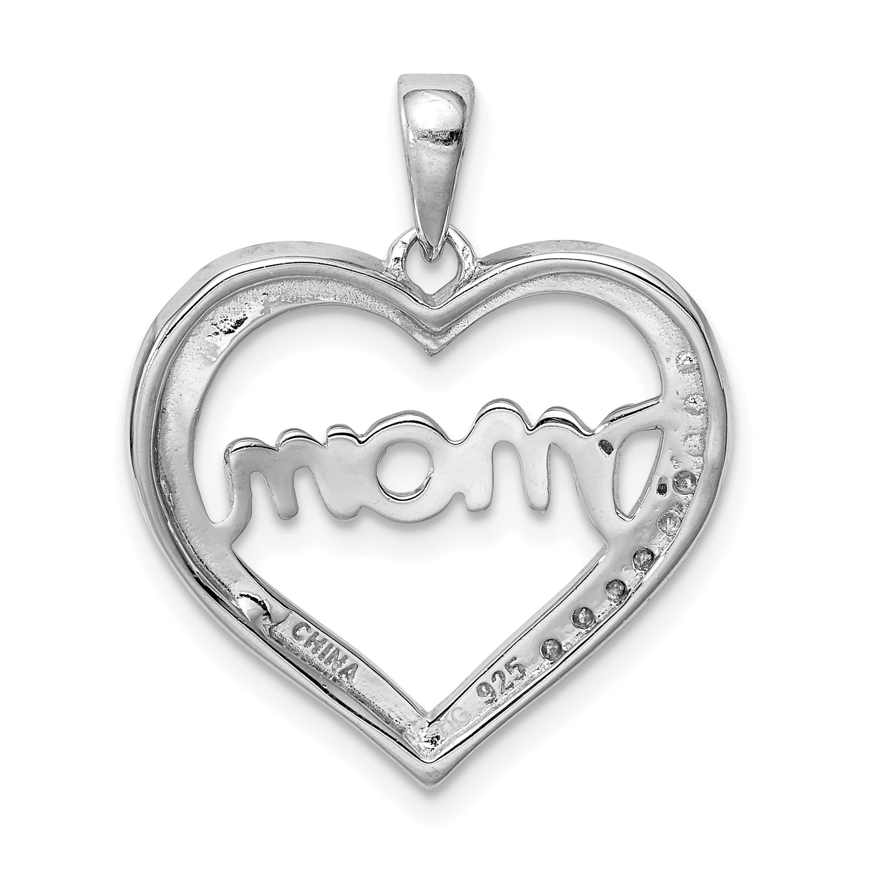 Sterling Silver Rhodium-Plated Mom Cz Heart Pendant