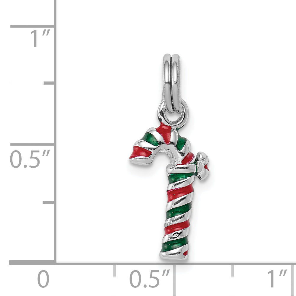 Sterling Silver Rhodium-Plated Enamel Candy Cane Charm
