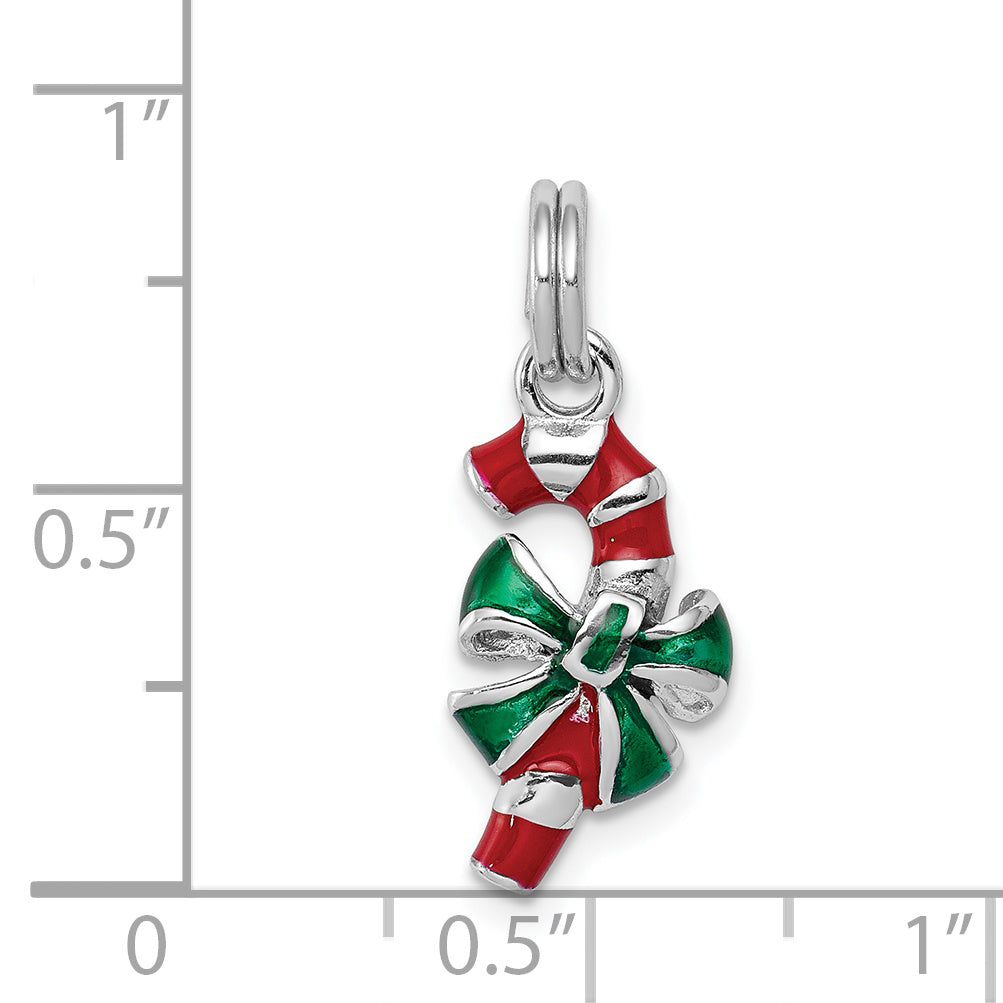 Sterling Silver Rhodium-Platedenamel Candy Cane Charm