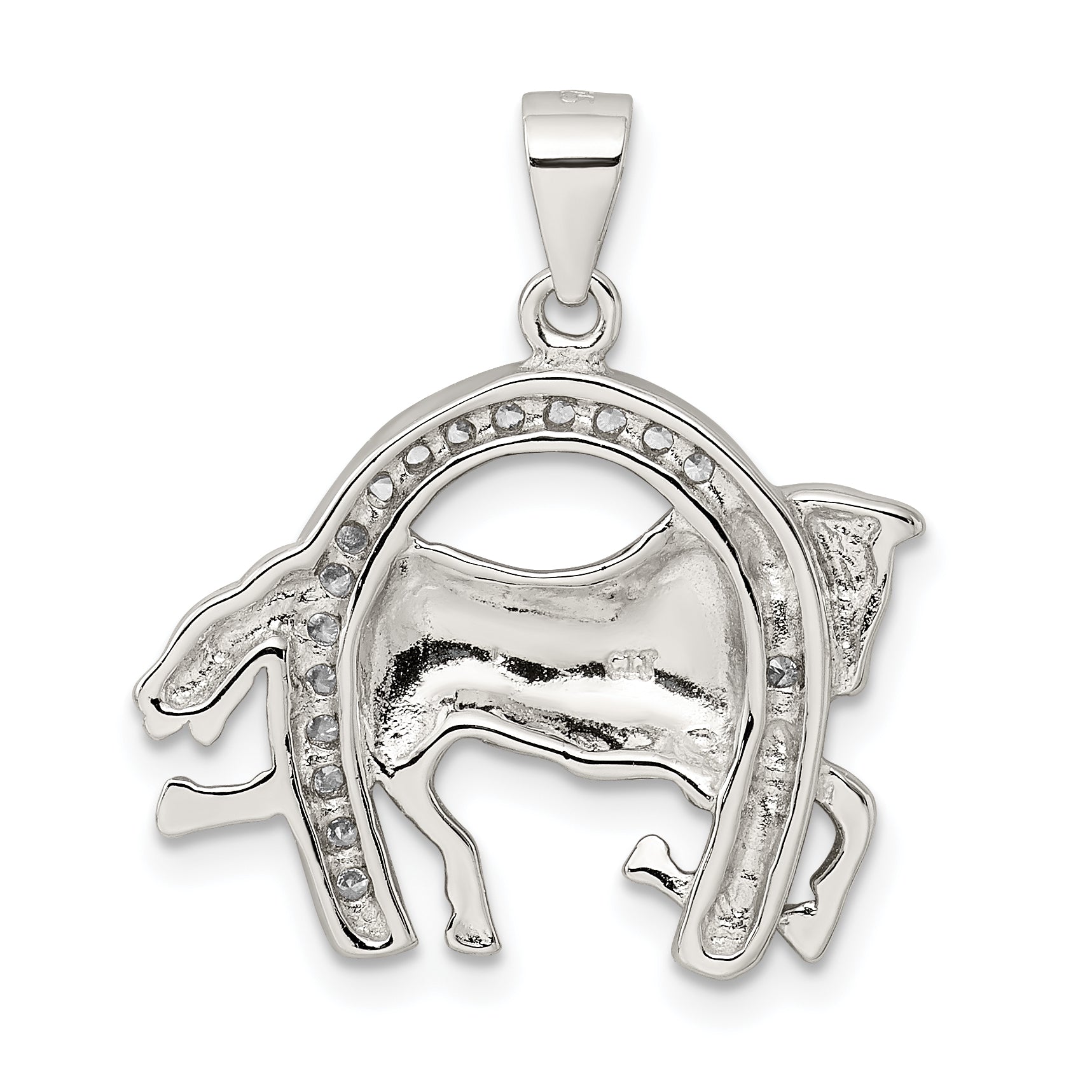 Sterling Silver Rhodium-Plated Horse & Horseshoe Cz Pendant