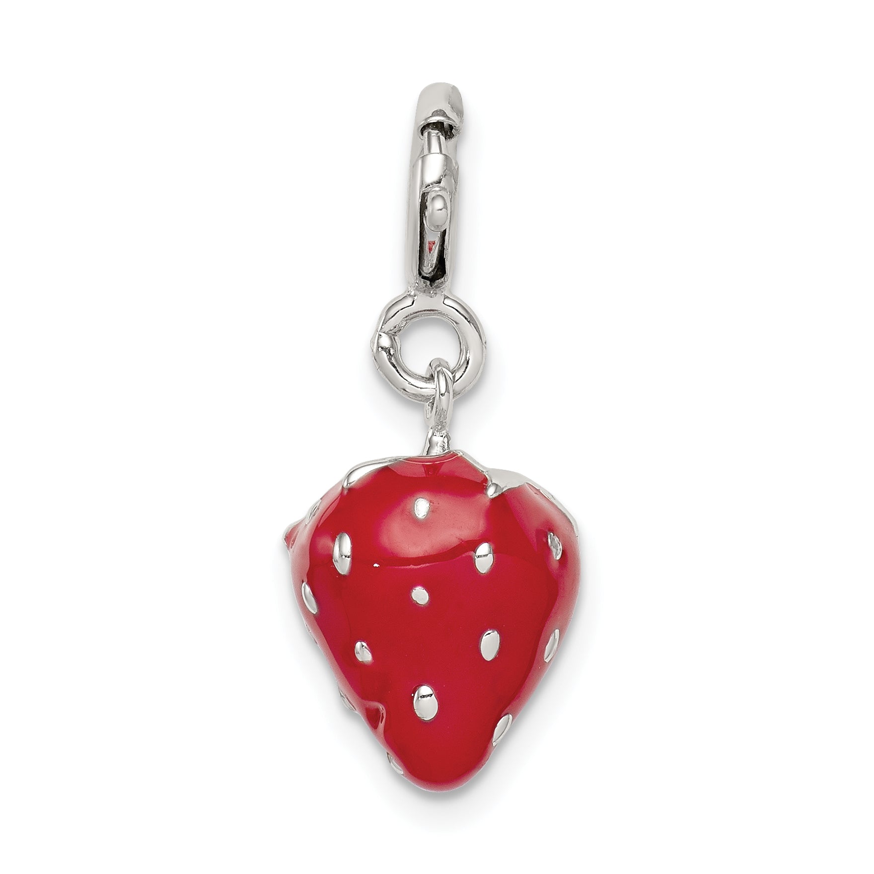 Sterling Silver Rhodium-Plated Red Enameled Strawberry Charm