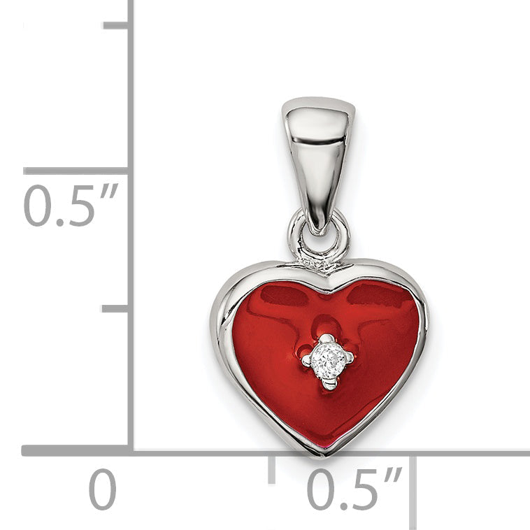 Sterling Silver Rhodium Plated Red Enamel With Cz Heart Pendant