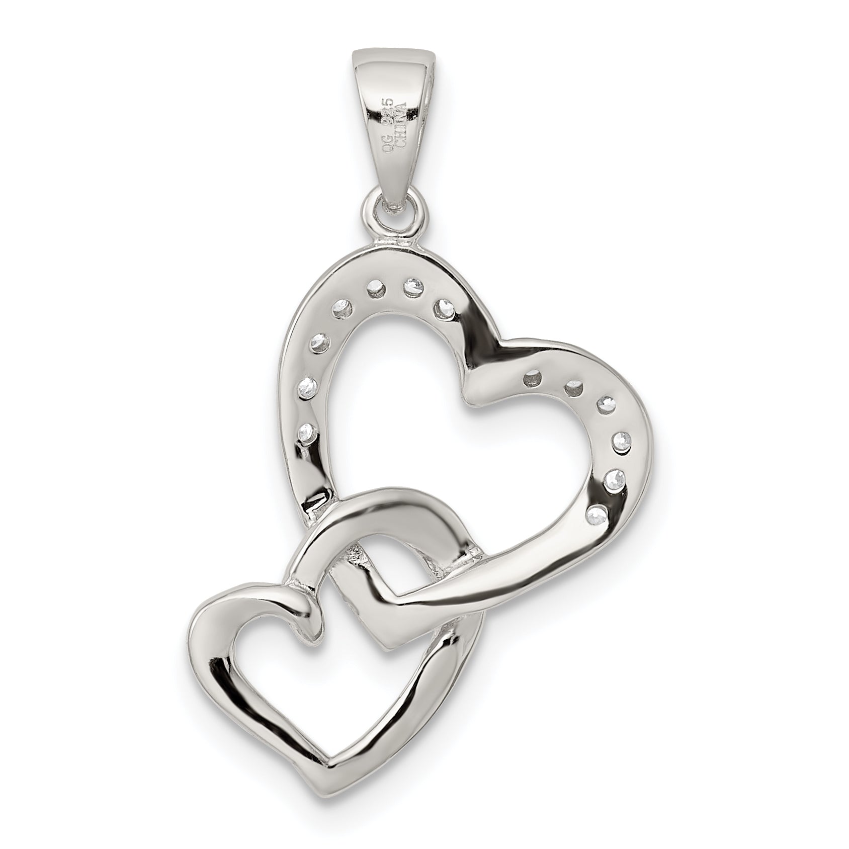 Sterling Silver Rhodium-Plated Polished Heart And Cz Double Interconnected Pendant