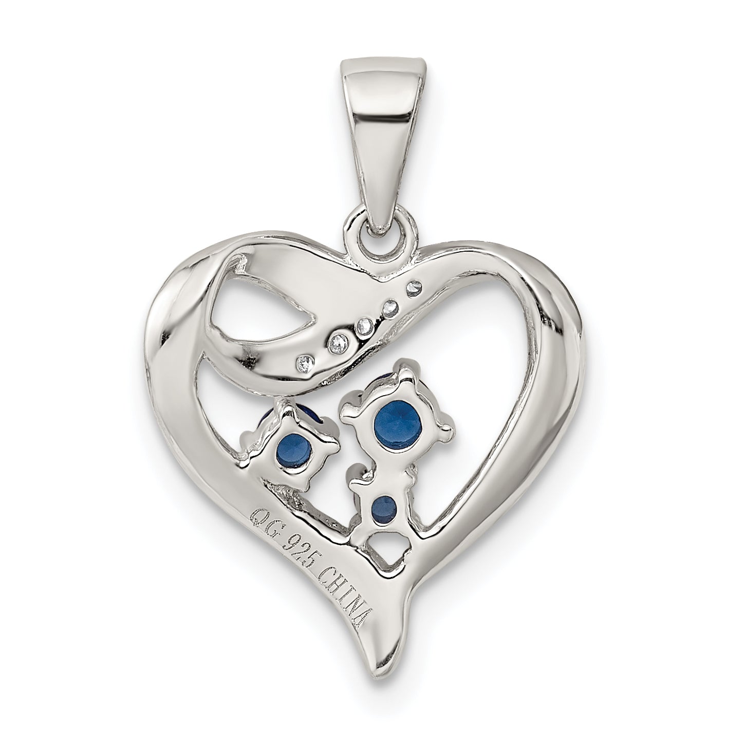 Sterling Silver Rhodium-Plated Blue Glass And Clear Cz Heart Pendant