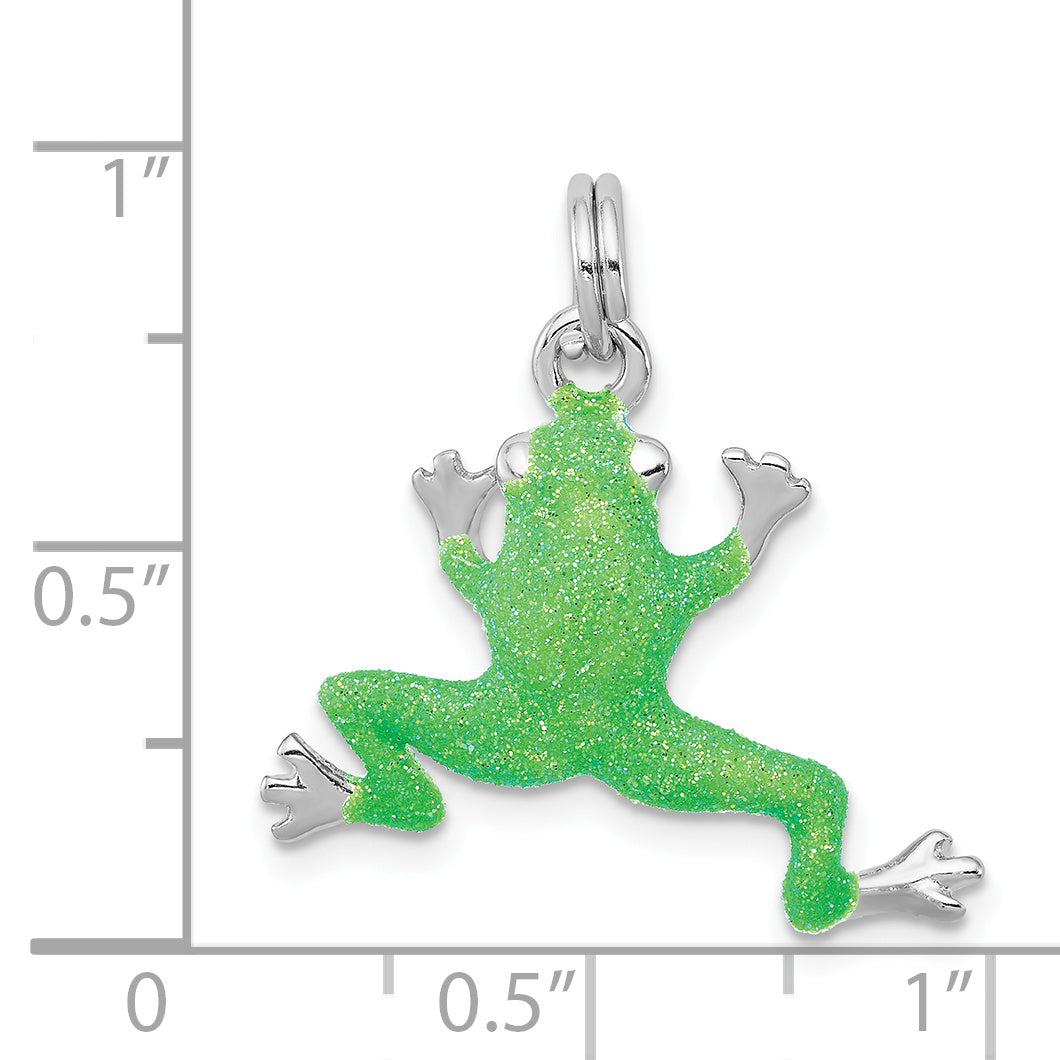 Sterling Silver Rhodium-Platedgreen Enamel Frog Charm
