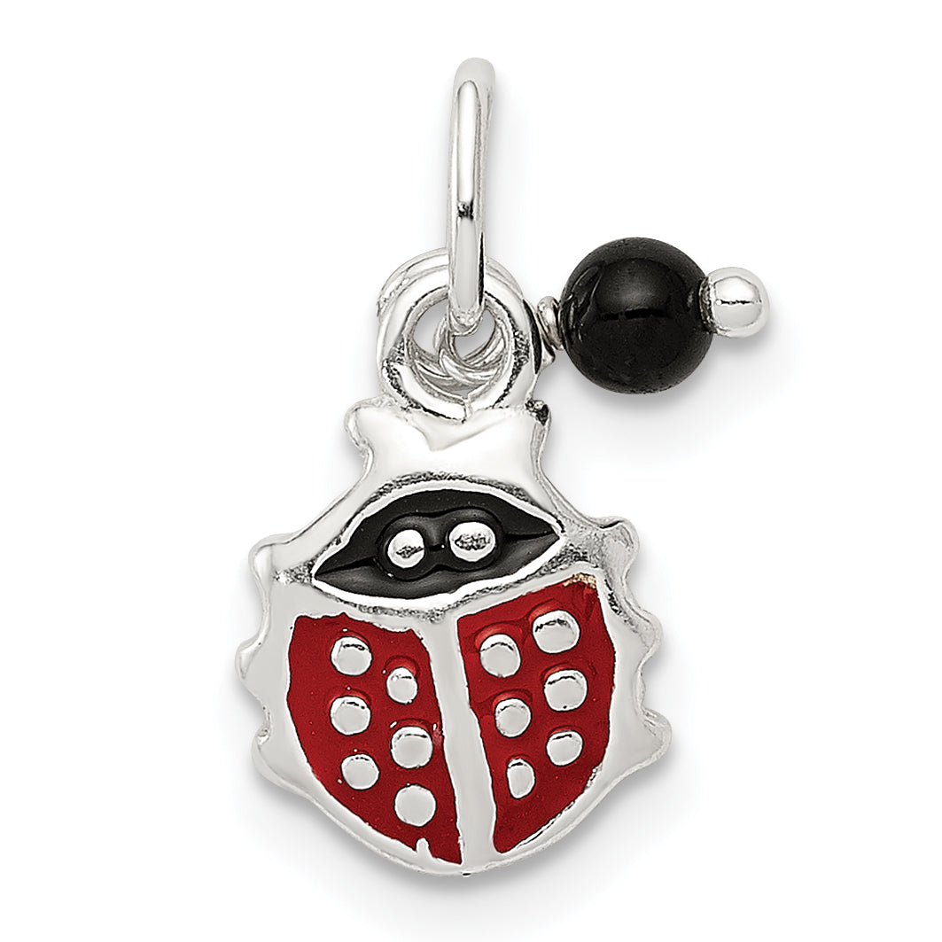 Sterling Silver Red Enameled Ladybug W/Bead Charm