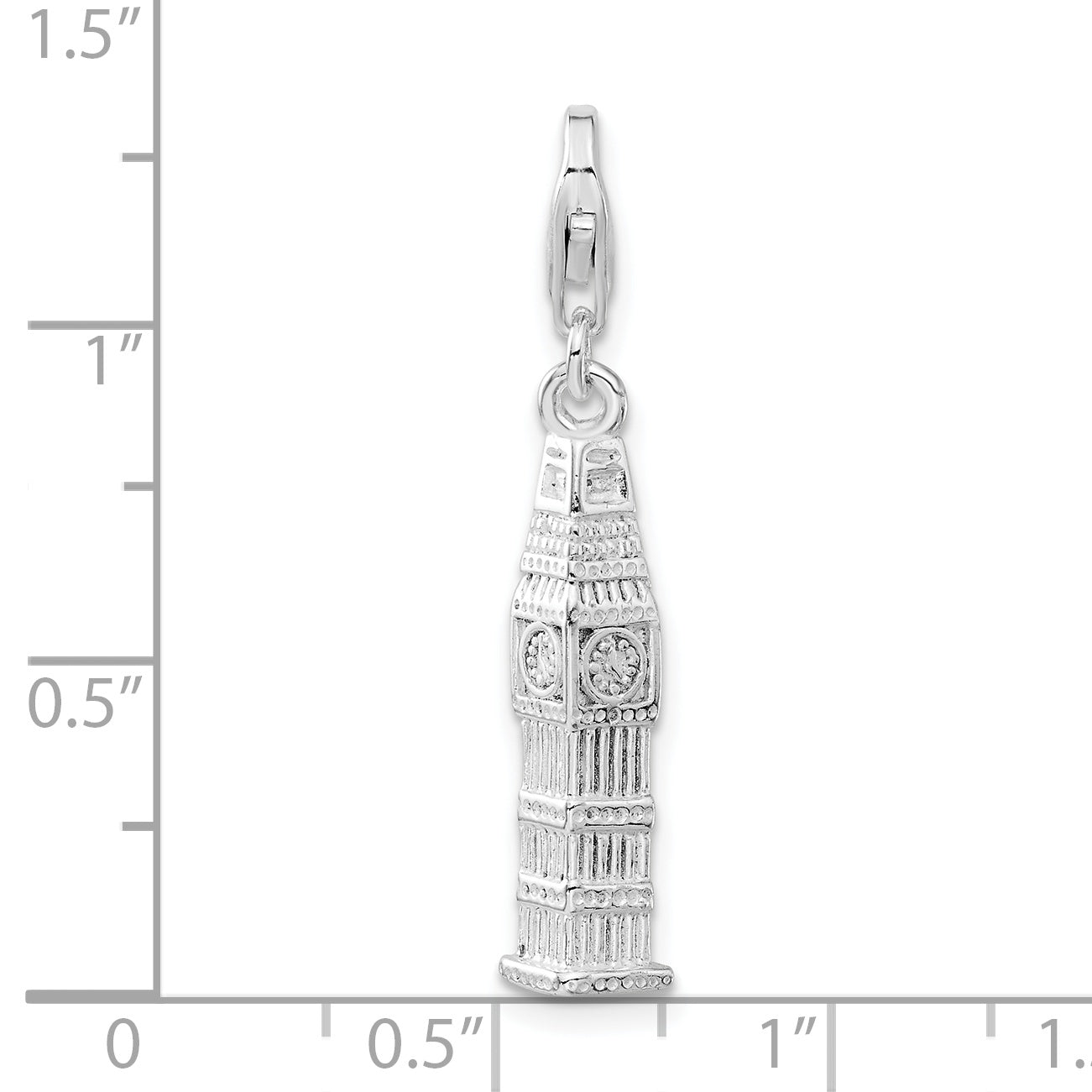 Sterling Silver 3-D Polished Clock Tower W/ Fancy Lobster Clasp Charm