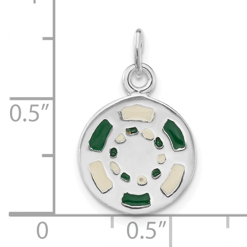 Sterling Silver Polished Green & White Enameled Poker Chip Charm