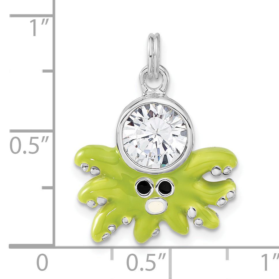 Sterling Silver Polished Cz Green Enameled Octopus Charm