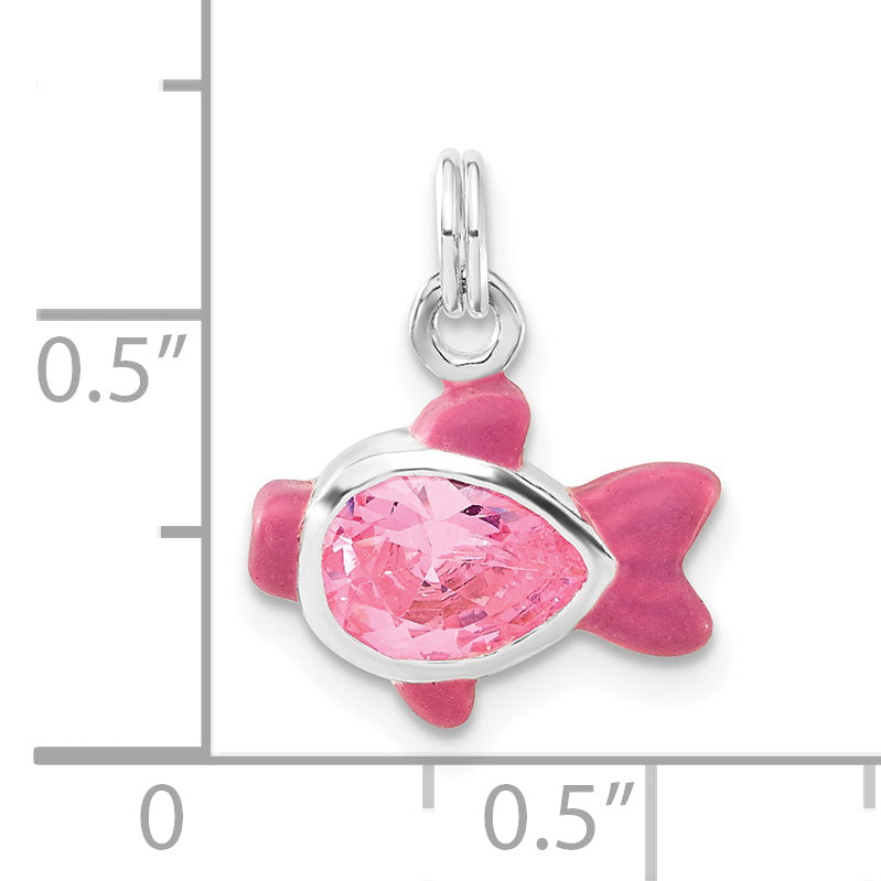 Sterling Silver Polished Cz Pink Enameled Fish Charm