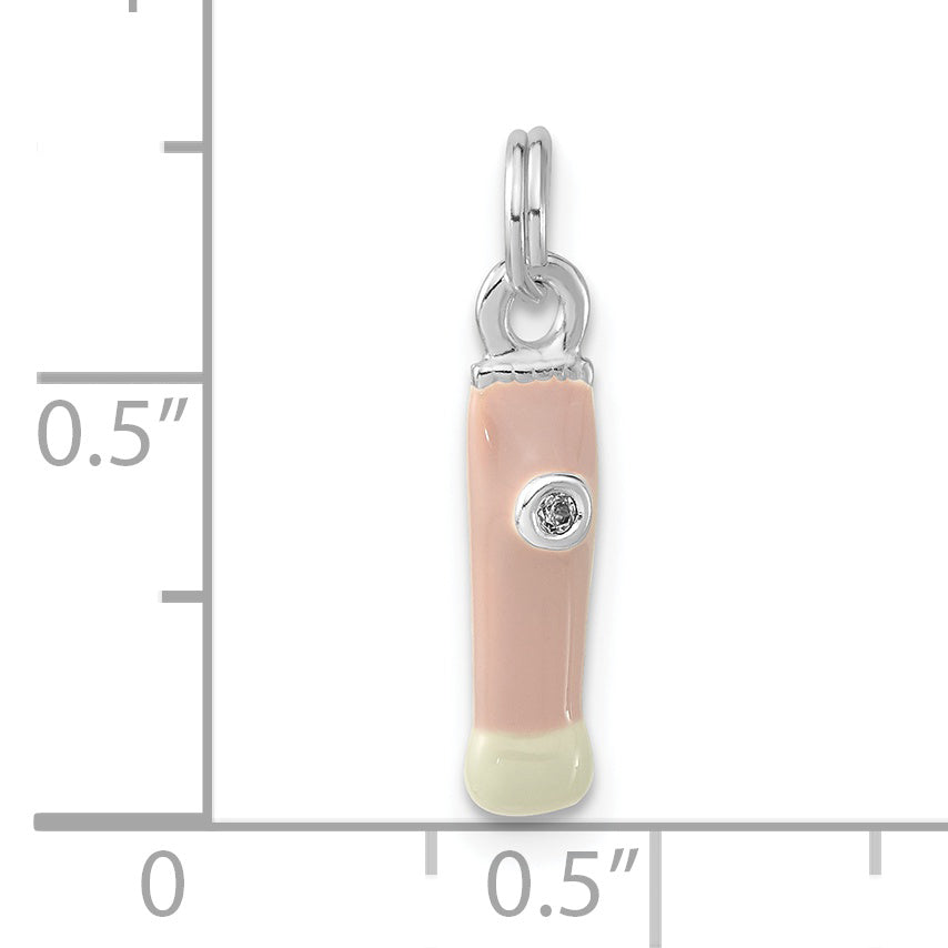 Sterling Silver Cz Pink & White Enameled Make-Up Brush Charm