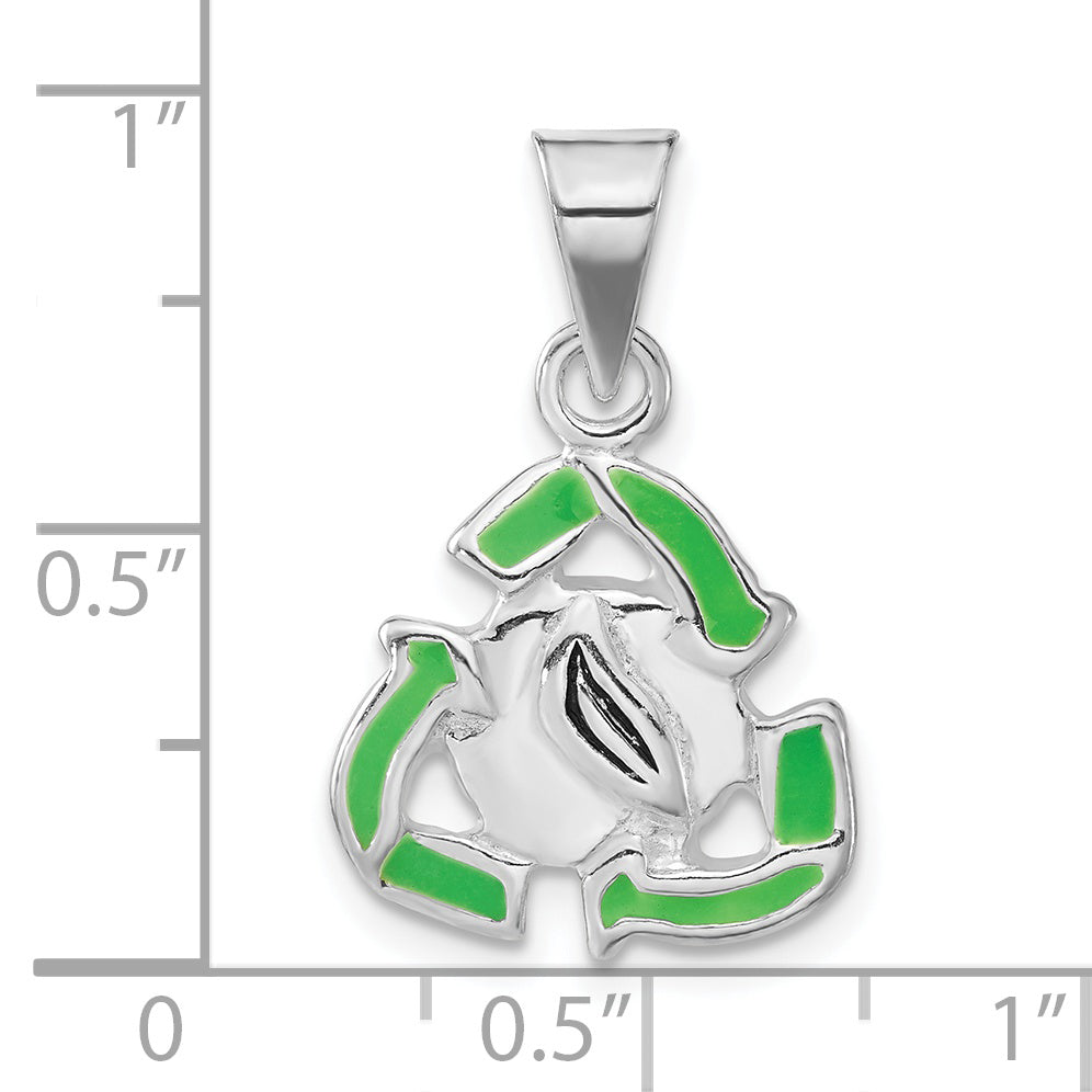 Sterling Silver Polished & Green Enameled Recycle Pendant