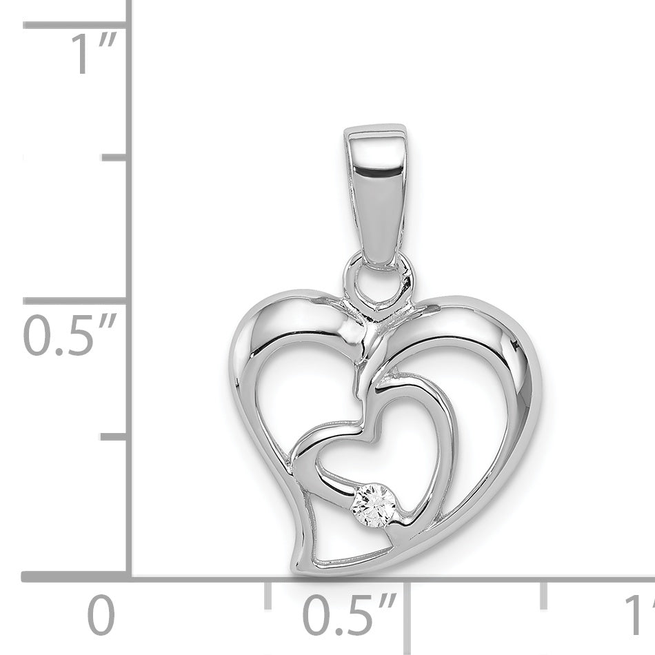 Sterling Silver Rhodium-Plated Cz Open Double Heart Pendant