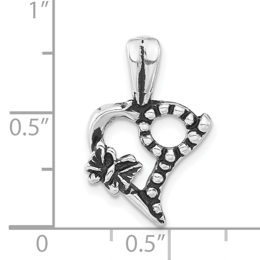 Sterling Silver Polished & Antiqued Butterfly Heart Charm