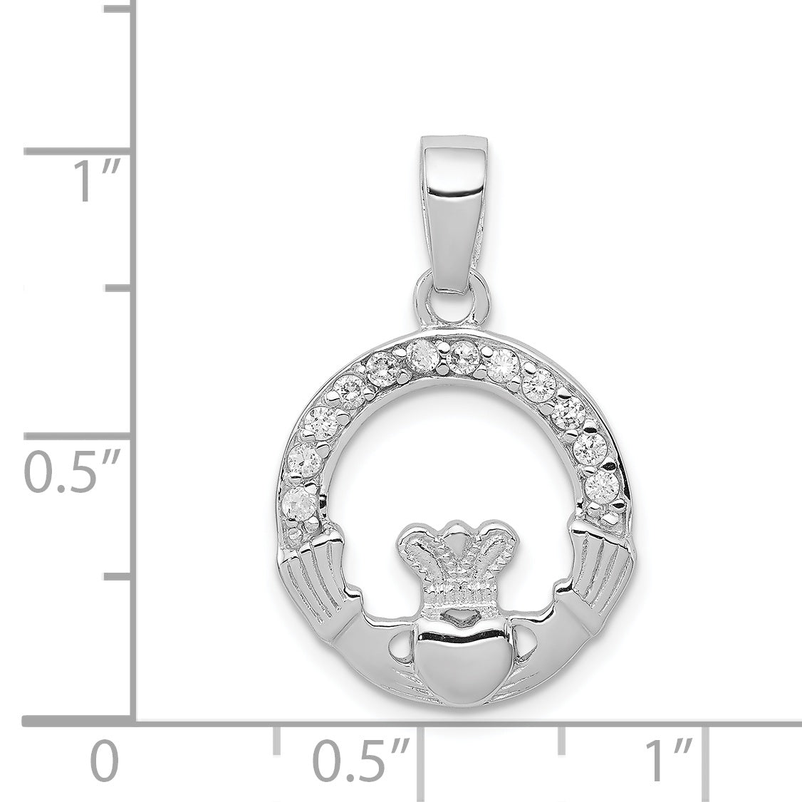 Sterling Silver Rhodium Plated Cz Claddagh Pendant