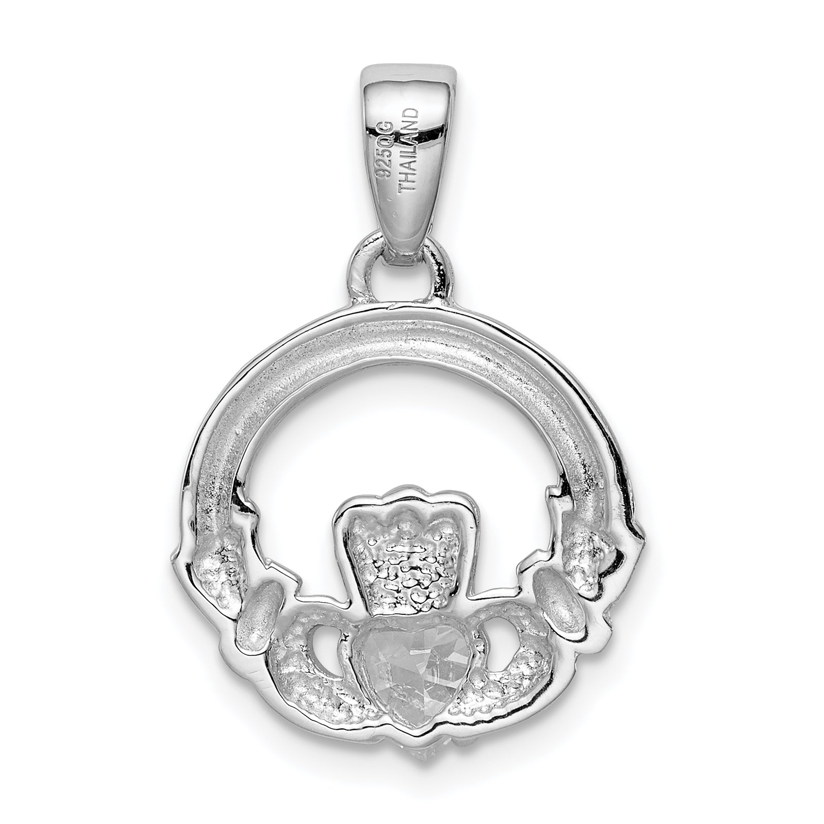Sterling Silver Rhodium Plated Cz Claddagh Pendant
