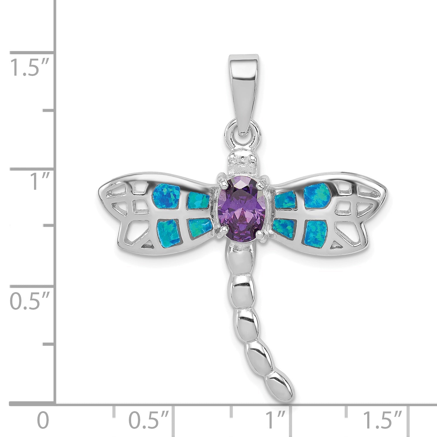 Sterling Silver Rhod Plated Creat. Opal Dragonfly Amethyst Pendant