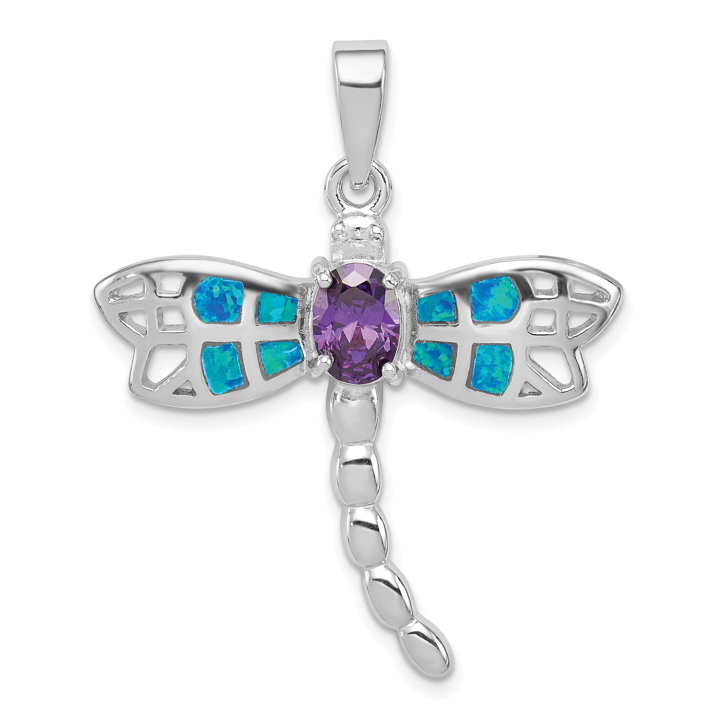 Sterling Silver Rhod Plated Creat. Opal Dragonfly Amethyst Pendant