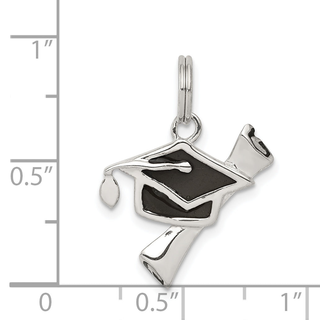 Sterling Silver Rhod-Pltd Black Enamel Graduation Cap/Diploma Charm
