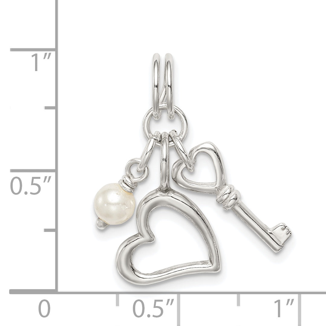 Sterling Silver Polished Key And Heart W/Simulated Pearl Charm