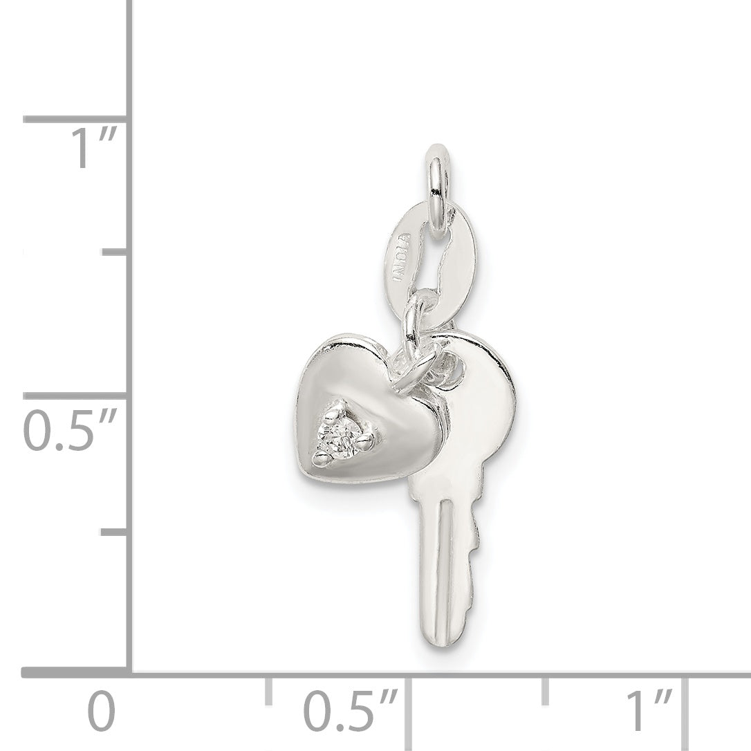 Sterling Silver Polished Cz Heart And Key Charm