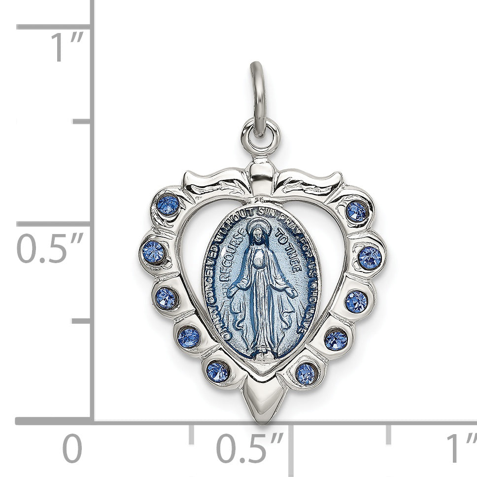 Sterling Silver Epoxy & Crystal Miraculous Medal Heart Pendant